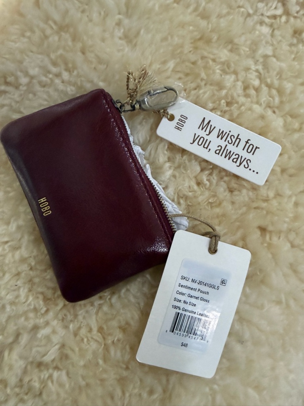 HOBO Burgundy Leather Zip Key Pouch with Gold Logo - Picture 6 of 10